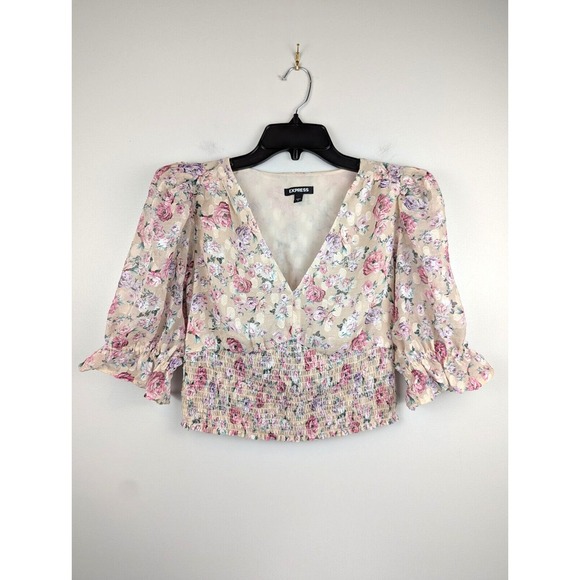 Express Women's Floral Puff Sleeve Smocked V-Neck S Cropped Top Boho Cottagecore - Picture 1 of 9